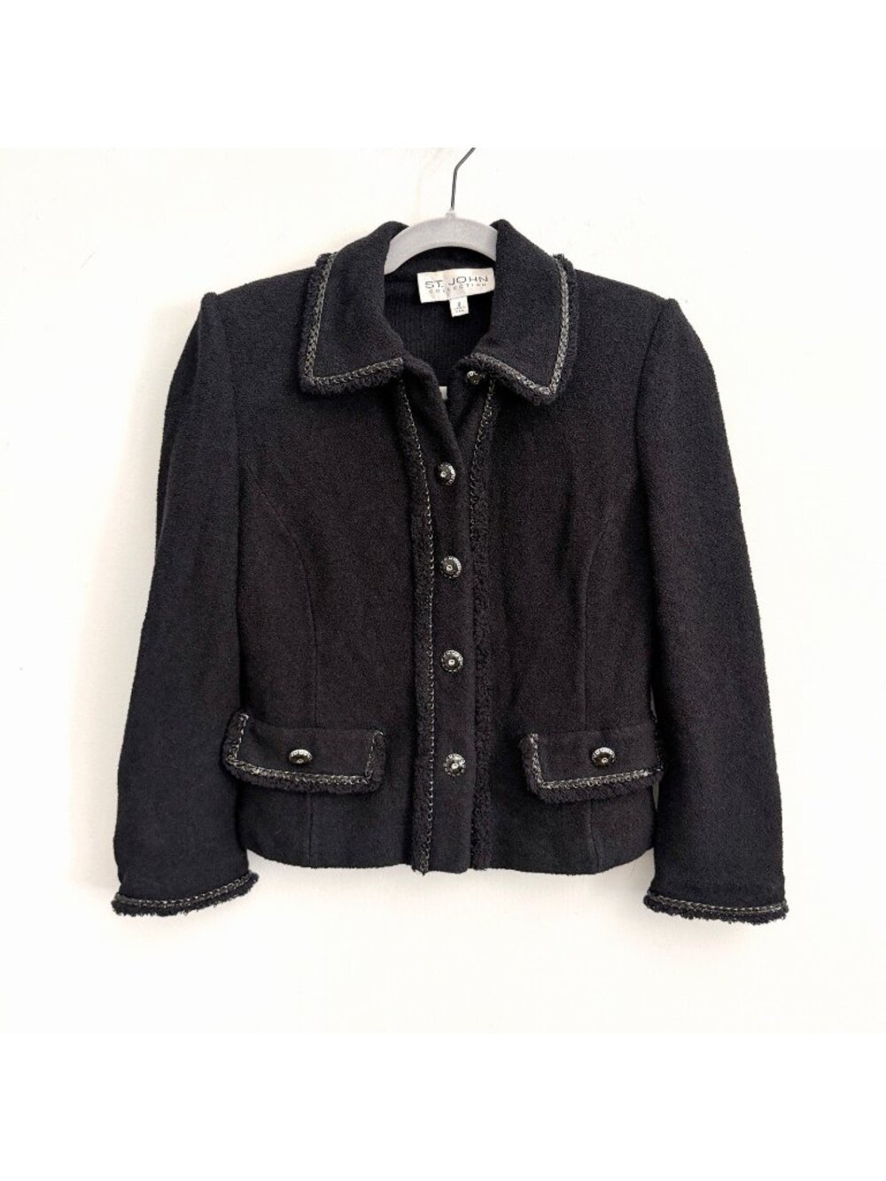 St. John Collection Black Textured Fringe Jacket Button Front Women’s Size 2